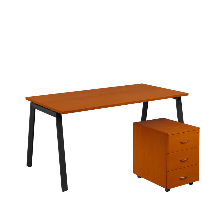 SET-A 368 stůl kancelářský, kovová podnož černá + kontejner pojízdný, 3-zásuvkový, třešeň šumavská