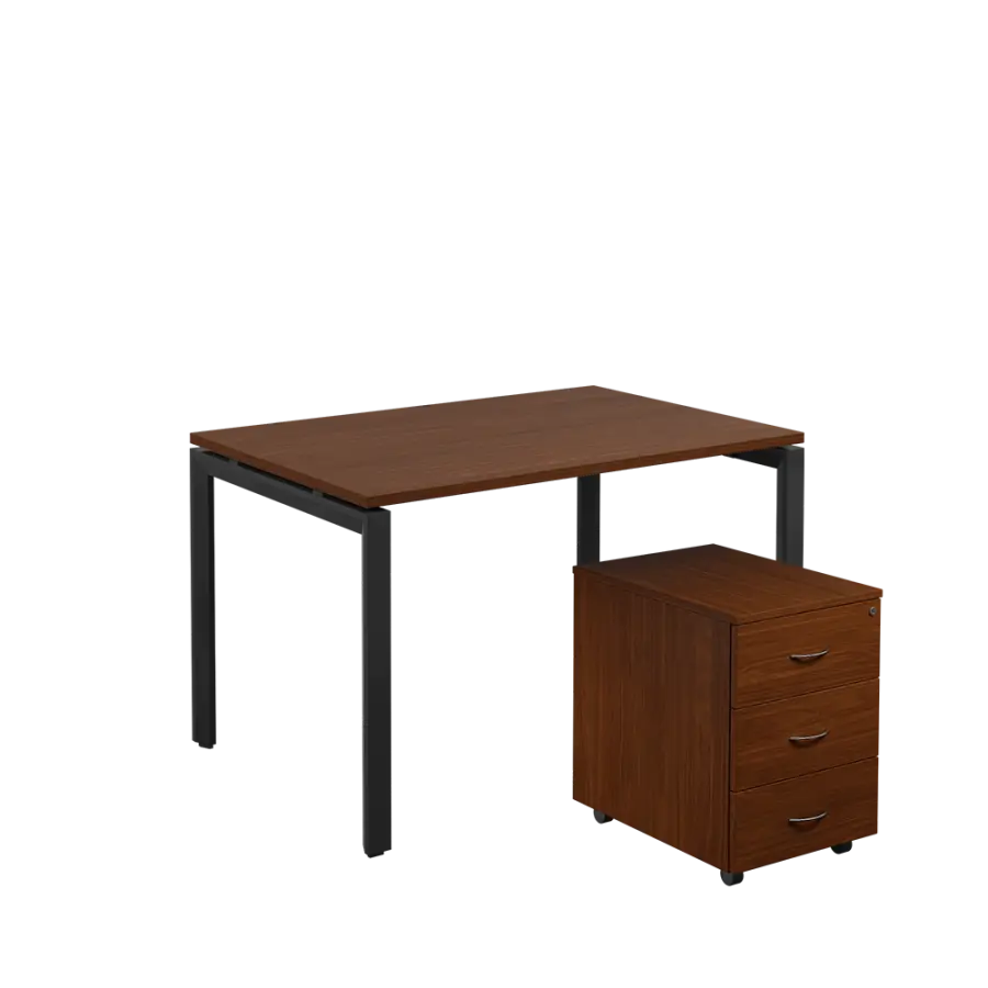 SET-U 328 stůl kancelářský, kovová podnož černá + kontejner pojízdný, 3-zásuvkový, ořech královský