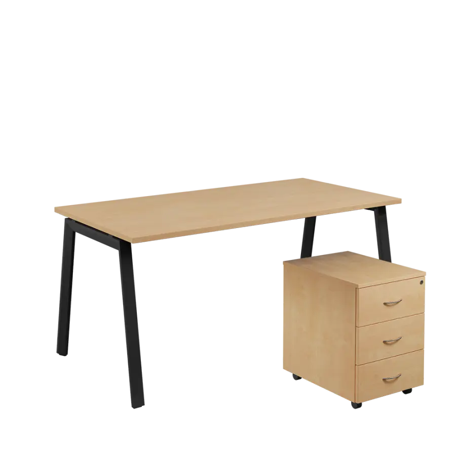 SET-A 368 stůl kancelářský, kovová podnož černá + kontejner pojízdný, 3-zásuvkový, bříza irská