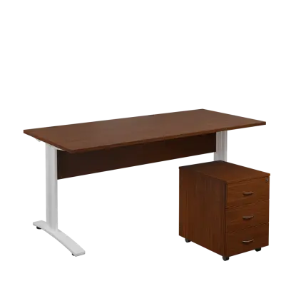 SET 588 stůl kancelářský, kovová podnož bílá + kontejner pojízdný, 3-zásuvkový, ořech královský