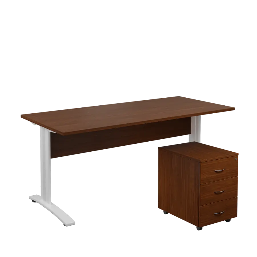 SET 588 stůl kancelářský, kovová podnož bílá + kontejner pojízdný, 3-zásuvkový, ořech královský