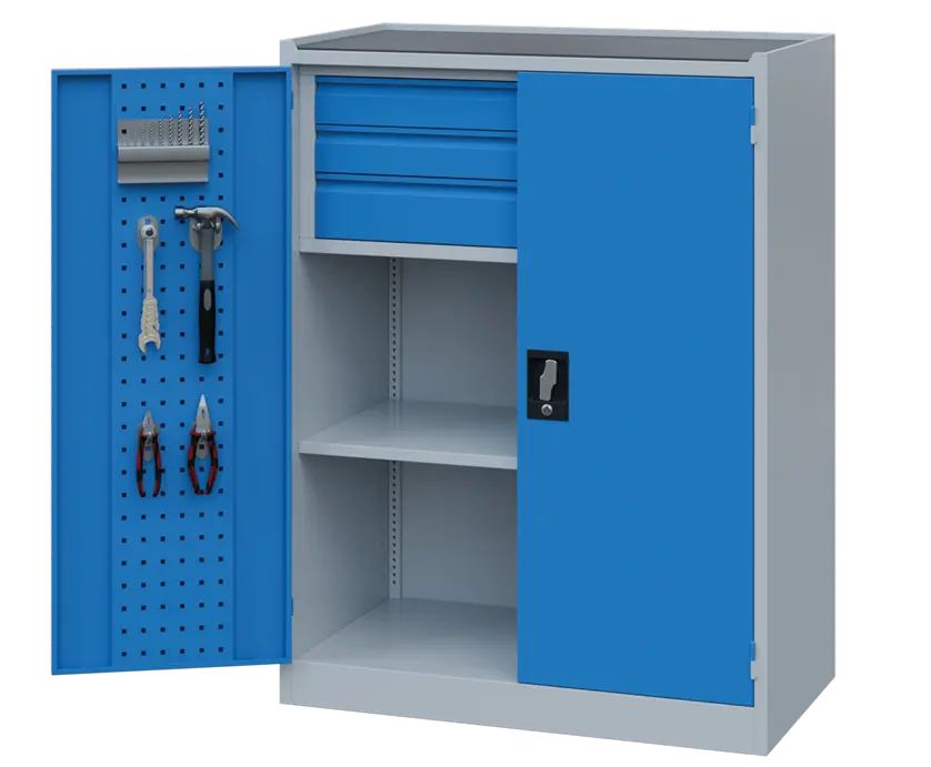 DS - 192 - skříň úložná, 1 police, 3 zásuvky, uzamykatelná, ocel, šedomodrá