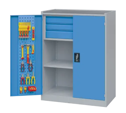 DS - 192 - skříň úložná, 1 police, 3 zásuvky, uzamykatelná, ocel, šedomodrá