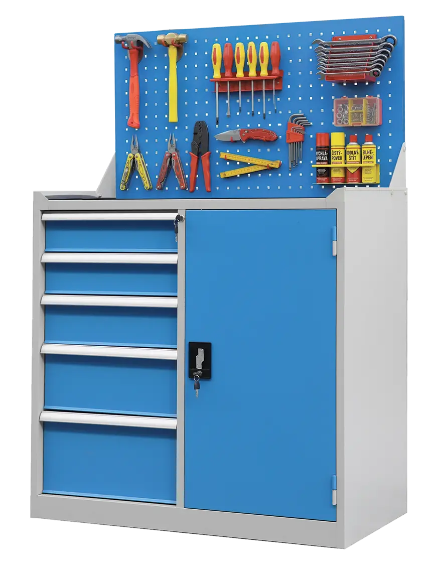 DS - 210 - skříň úložná, 5 zásuvek, závěsná deska, ocel, šedomodrá