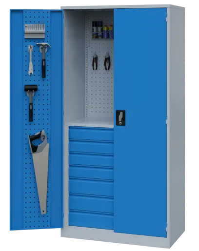 DS - 392 - skříň úložná, 7 zásuvek, uzamykatelná, ocel, šedomodrá