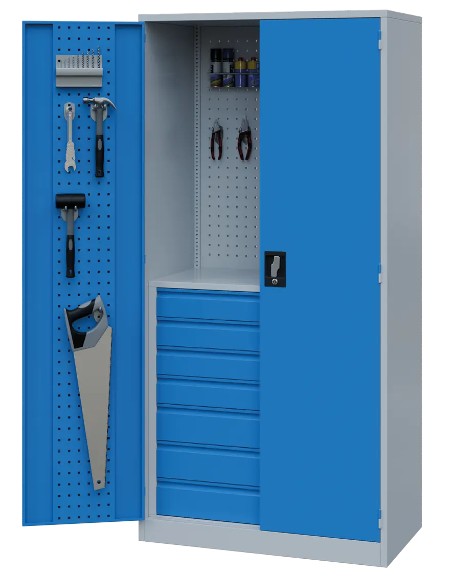 DS - 392 - skříň úložná, 7 zásuvek, uzamykatelná, ocel, šedomodrá