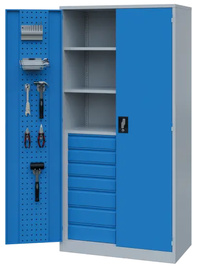DS - 393 - skříň úložná, 14 zásuvek, 2 police, uzamykatelná, ocel, šedomodrá