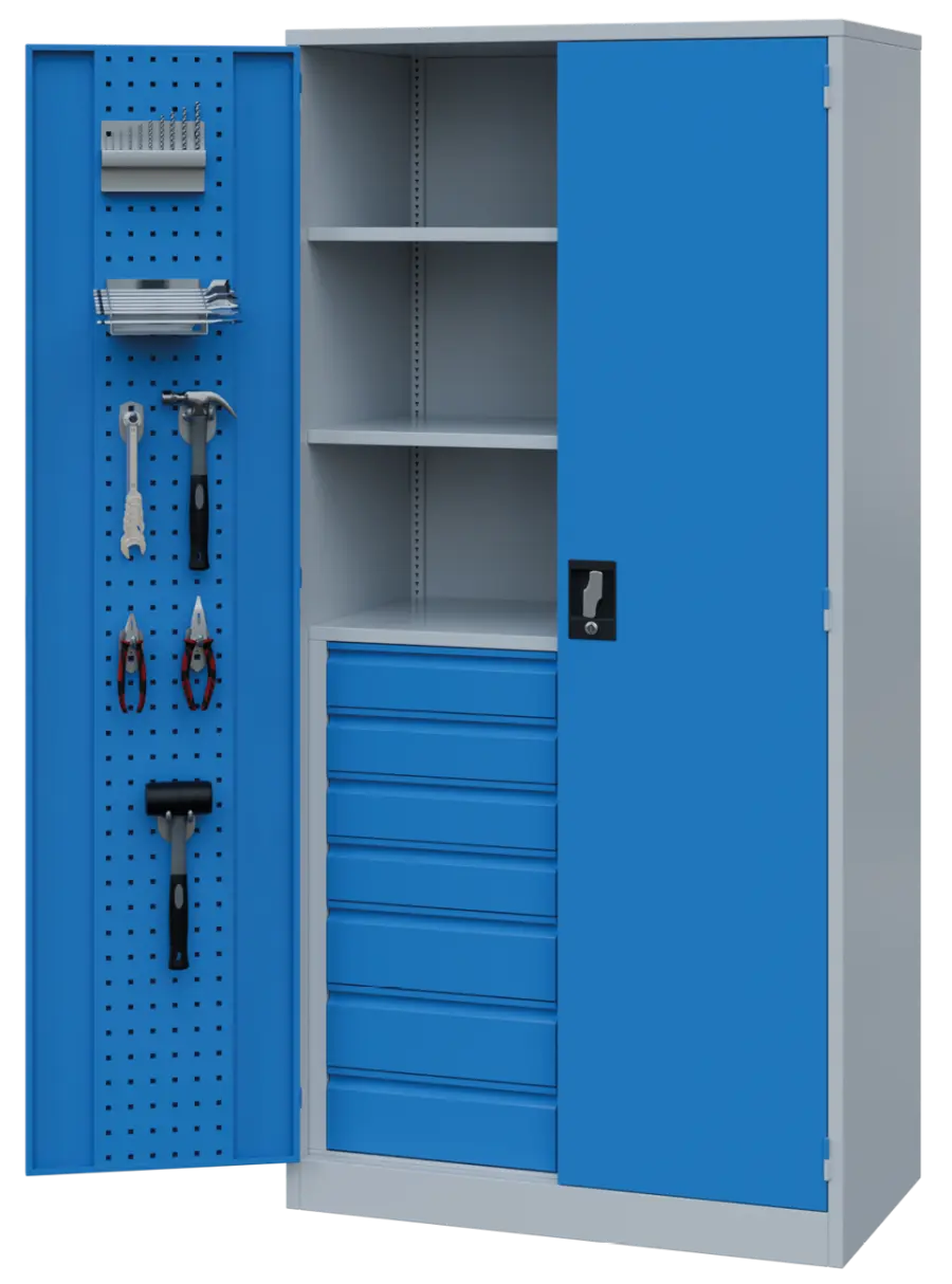 DS - 393 - skříň úložná, 14 zásuvek, 2 police, uzamykatelná, ocel, šedomodrá