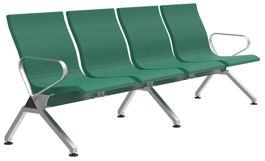 SPACE - 4, polyuretanová lavice do čekárny, 4-sedák, zelená, kostra stříbrná