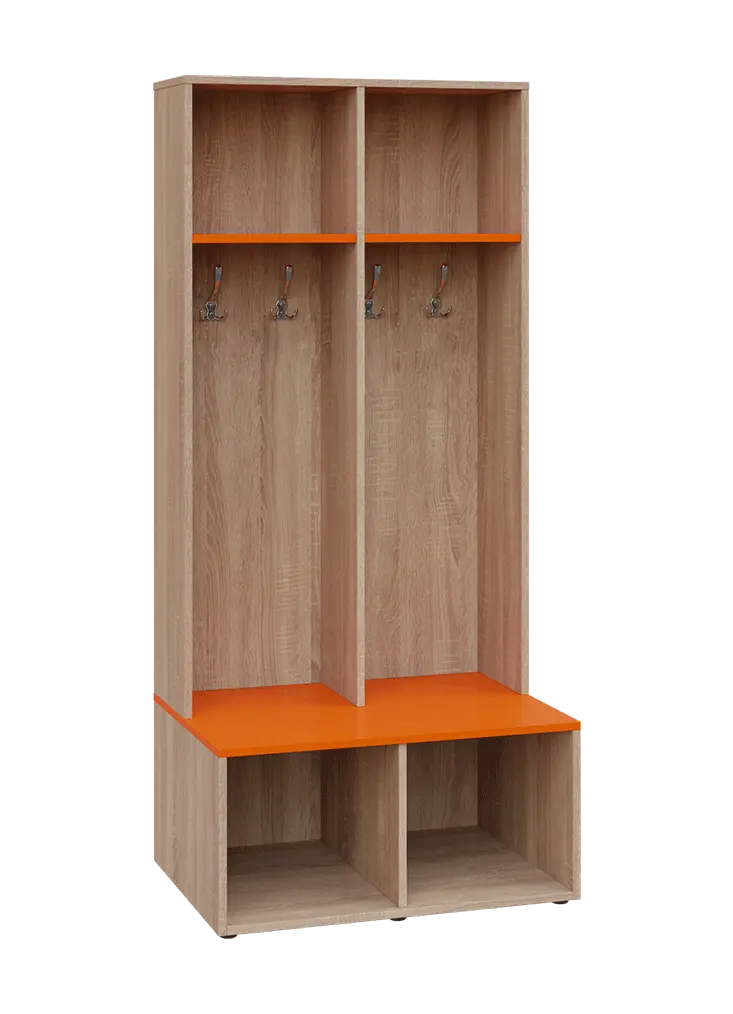 SOB - 180 - 80 šatní skříň s botníkem, otevřená, 1800x800x300/600 mm, korpus dub bardolino, police pomeranč