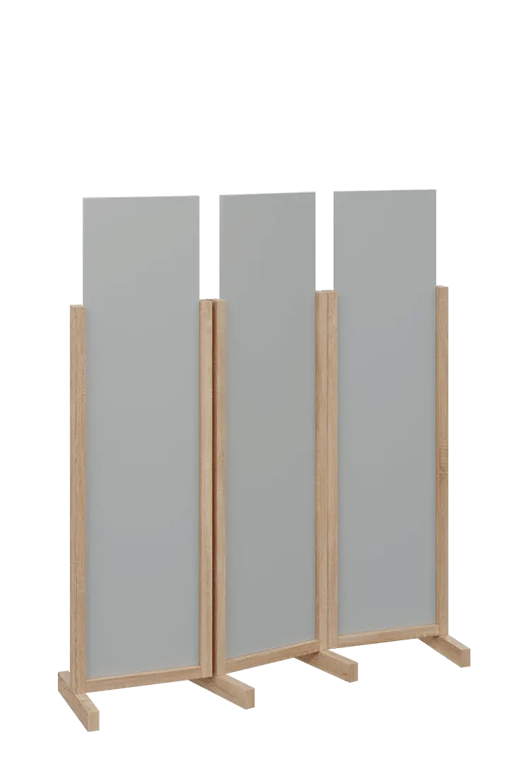 ATMOSFERE LINE 116, dřevěný 3-dílný paraván, mobilní, výška 1600 mm, rám dub bardolino, výplň šedá