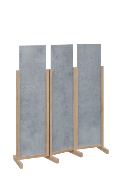 ATMOSFERE LINE 116, dřevěný 3-dílný paraván, mobilní, výška 1600 mm, rám dub bardolino, výplň beton šedý