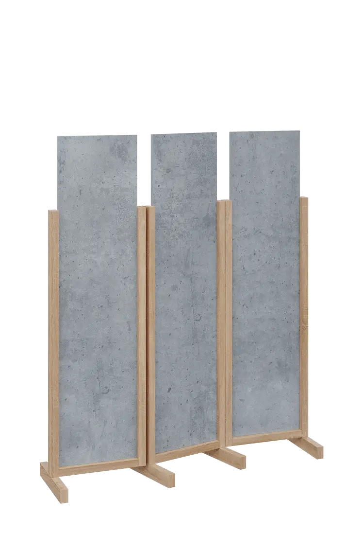 ATMOSFERE LINE 116, dřevěný 3-dílný paraván, mobilní, výška 1600 mm, rám dub bardolino, výplň beton šedý