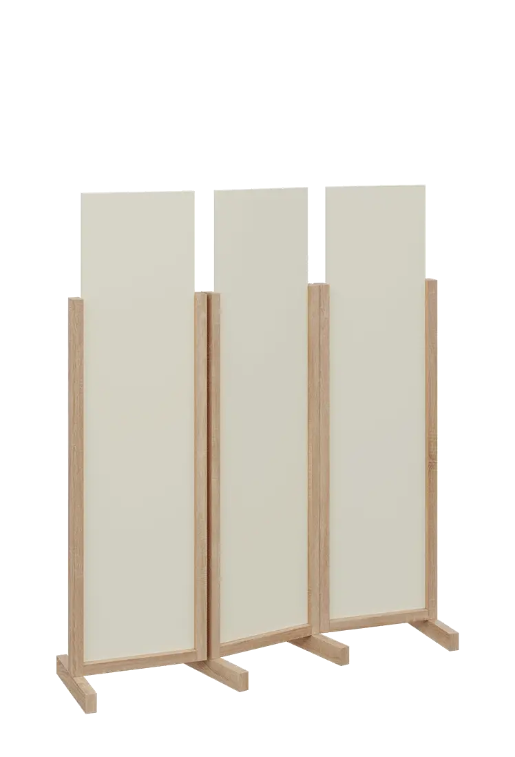 ATMOSFERE LINE 116, dřevěný 3-dílný paraván, mobilní, výška 1600 mm, rám dub bardolino, výplň smetanová
