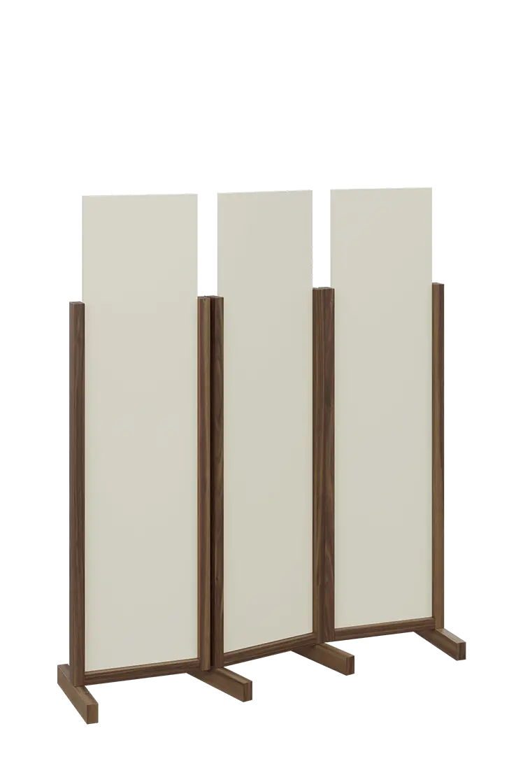 ATMOSFERE LINE 116, dřevěný 3-dílný paraván, mobilní, výška 1600 mm, rám ořech královský, výplň smetanová