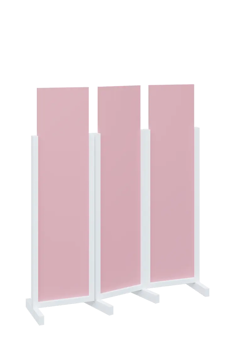 ATMOSFERE LINE 116, dřevěný 3-dílný paraván, mobilní, výška 1600 mm, rám bílá, výplň pastelově růžová