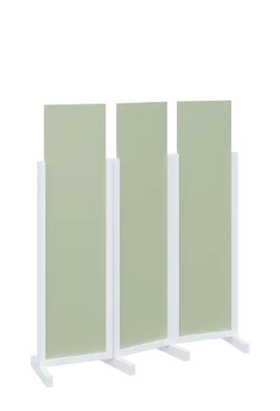 ATMOSFERE LINE 116, dřevěný 3-dílný paraván, mobilní, výška 1600 mm, rám bílá, výplň šedo-zelinkavá