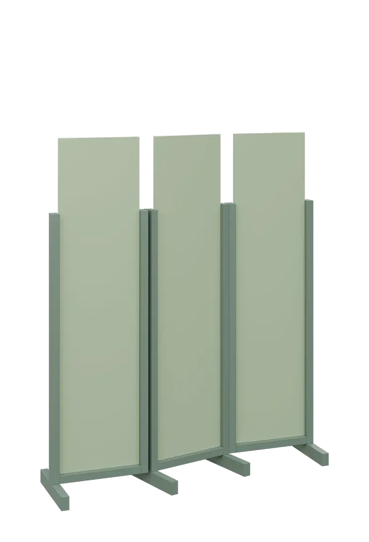 ATMOSFERE LINE 116, dřevěný 3-dílný paraván, mobilní, výška 1600 mm, rám industrial green, výplň pistáciově zelená