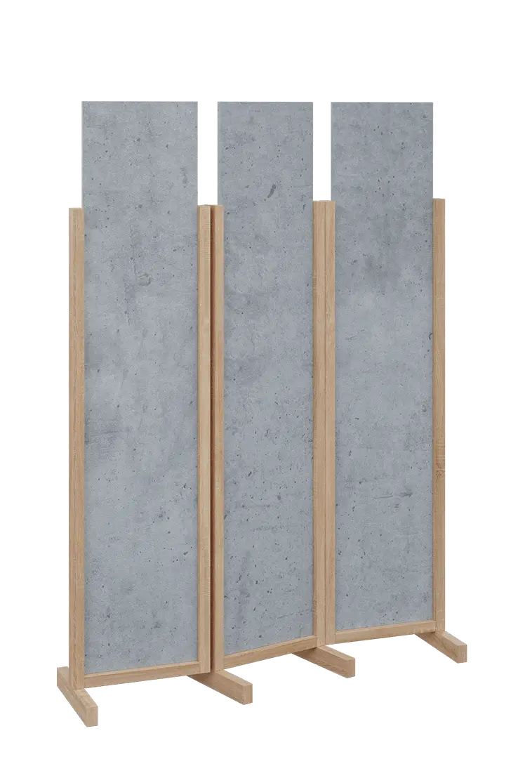 ATMOSFERE LINE 119, dřevěný 3-dílný paraván, mobilní, výška 1900 mm, rám dub bardolino, výplň beton šedý