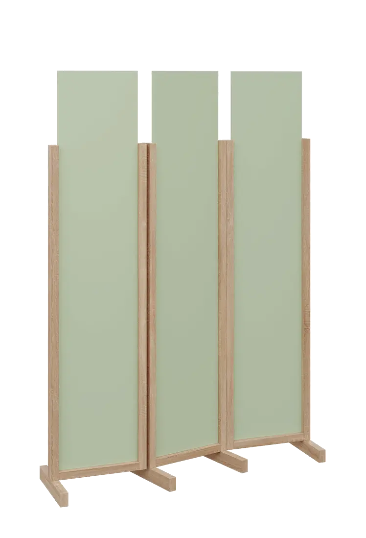 ATMOSFERE LINE 119, dřevěný 3-dílný paraván, mobilní, výška 1900 mm, rám dub bardolino, výplň šedo-zelinkavá