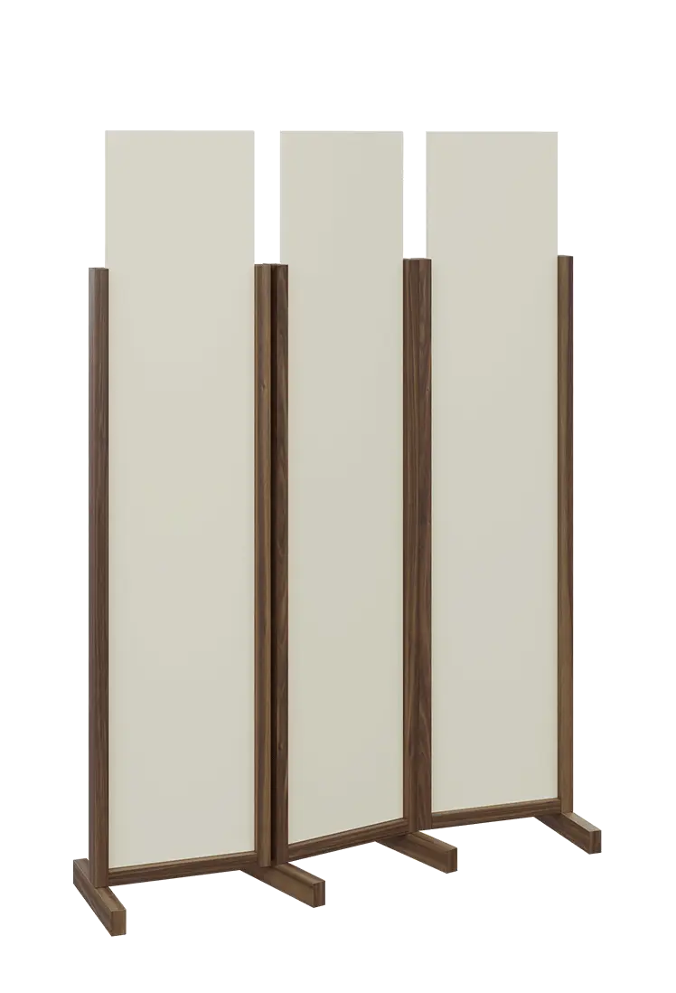 ATMOSFERE LINE 119, dřevěný 3-dílný paraván, mobilní, výška 1900 mm, rám ořech královský, výplň smetanová
