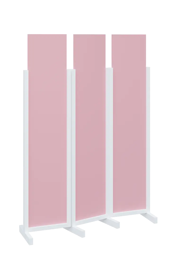 ATMOSFERE LINE 119, dřevěný 3-dílný paraván, mobilní, výška 1900 mm, rám bílá, výplň pastelově růžová
