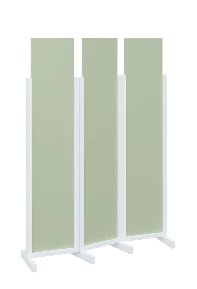 ATMOSFERE LINE 119, dřevěný 3-dílný paraván, mobilní, výška 1900 mm, rám bílá, výplň šedo-zelinkavá