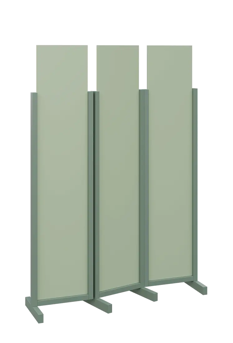 ATMOSFERE LINE 119, dřevěný 3-dílný paraván, mobilní, výška 1900 mm, rám industrial green, výplň pistáciově zelená