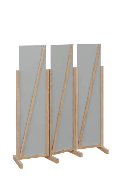 ATMOSFERE LINE 216, dřevěný 3-dílný paraván, mobilní, výška 1600 mm, rám dub bardolino, výplň šedá