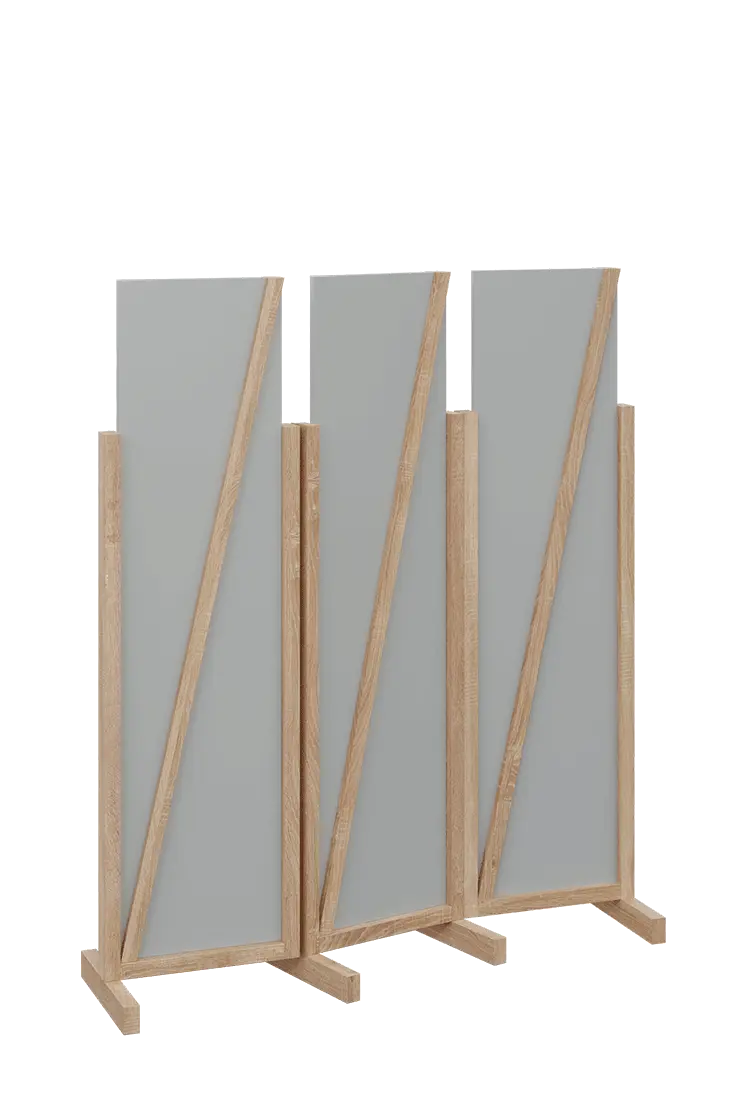 ATMOSFERE LINE 216, dřevěný 3-dílný paraván, mobilní, výška 1600 mm, rám dub bardolino, výplň šedá