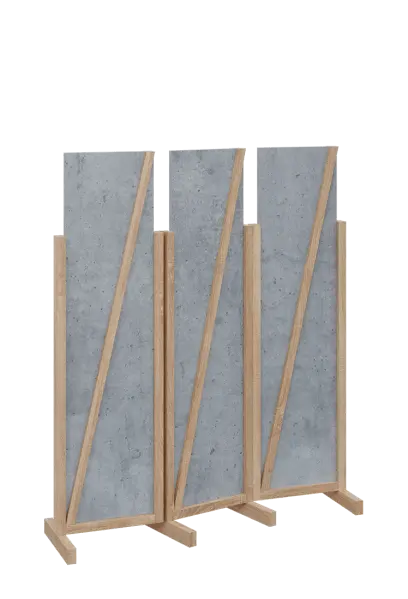 ATMOSFERE LINE 216, dřevěný 3-dílný paraván, mobilní, výška 1600 mm, rám dub bardolino, výplň beton šedý