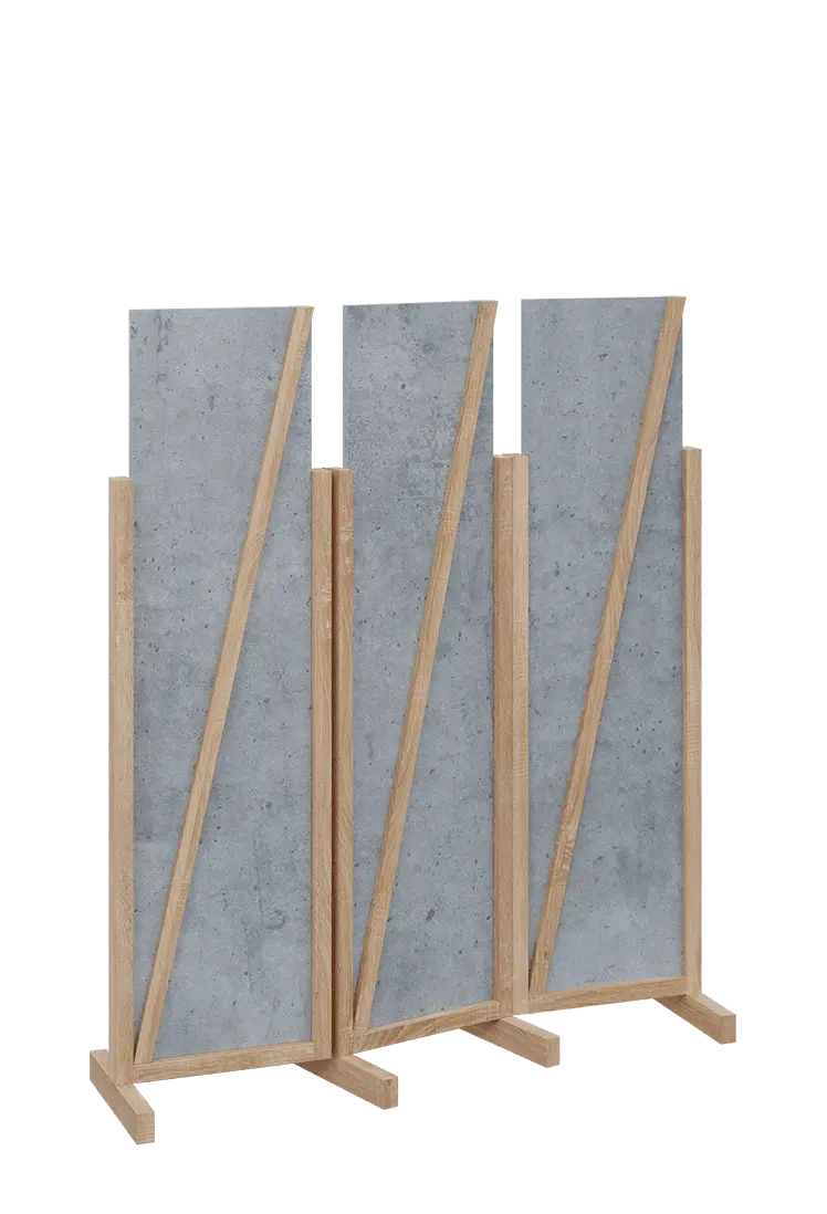 ATMOSFERE LINE 216, dřevěný 3-dílný paraván, mobilní, výška 1600 mm, rám dub bardolino, výplň beton šedý
