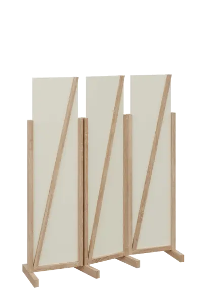 ATMOSFERE LINE 216, dřevěný 3-dílný paraván, mobilní, výška 1600 mm, rám dub bardolino, výplň smetanová