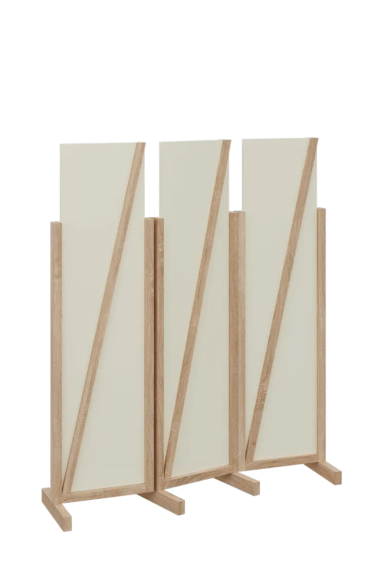 ATMOSFERE LINE 216, dřevěný 3-dílný paraván, mobilní, výška 1600 mm, rám dub bardolino, výplň smetanová