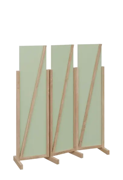 ATMOSFERE LINE 216, dřevěný 3-dílný paraván, mobilní, výška 1600 mm, rám dub bardolino, výplň šedo-zelinkavá