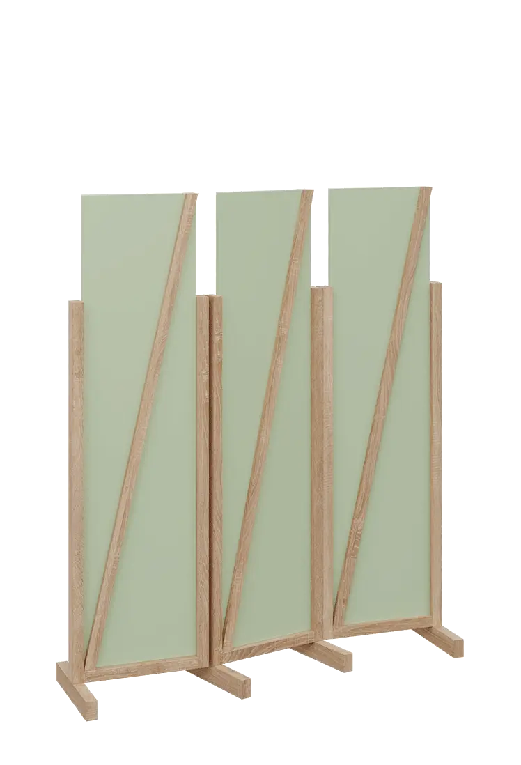 ATMOSFERE LINE 216, dřevěný 3-dílný paraván, mobilní, výška 1600 mm, rám dub bardolino, výplň šedo-zelinkavá