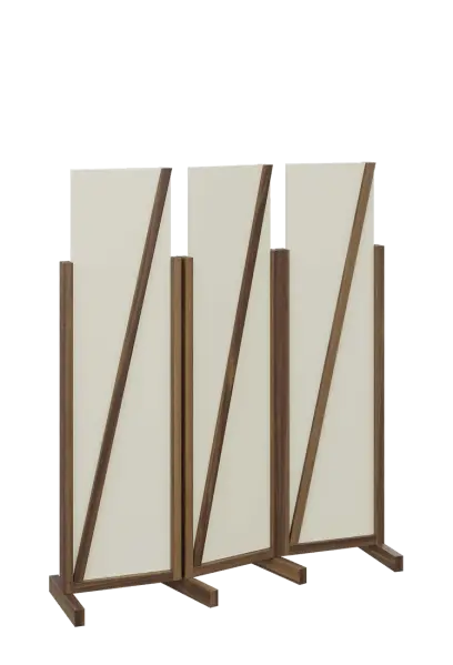 ATMOSFERE LINE 216, dřevěný 3-dílný paraván, mobilní, výška 1600 mm, rám ořech královský, výplň smetanová
