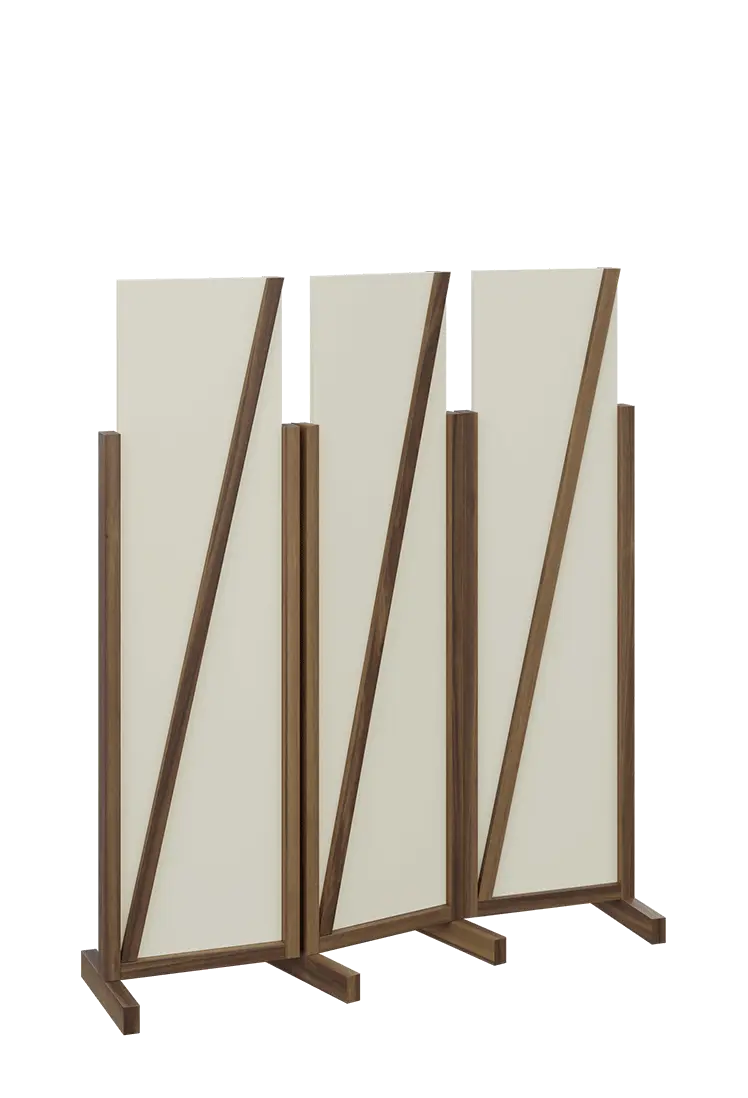 ATMOSFERE LINE 216, dřevěný 3-dílný paraván, mobilní, výška 1600 mm, rám ořech královský, výplň smetanová