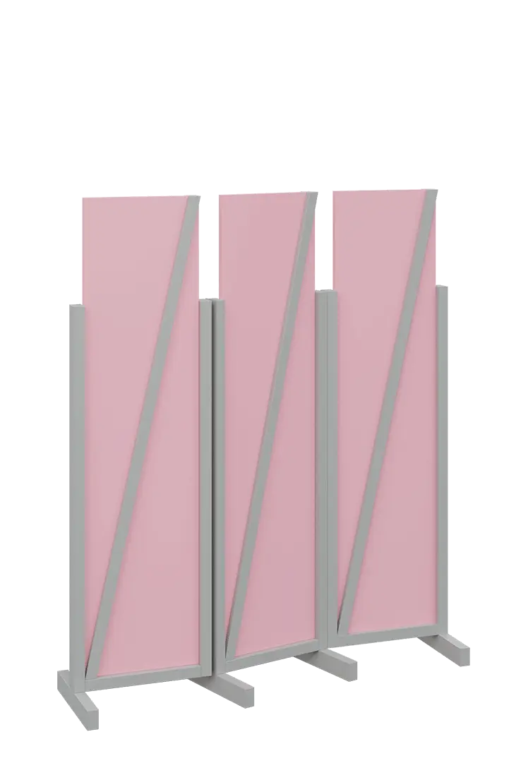 ATMOSFERE LINE 216, dřevěný 3-dílný paraván, mobilní, výška 1600 mm, rám šedá, výplň pastelově růžová
