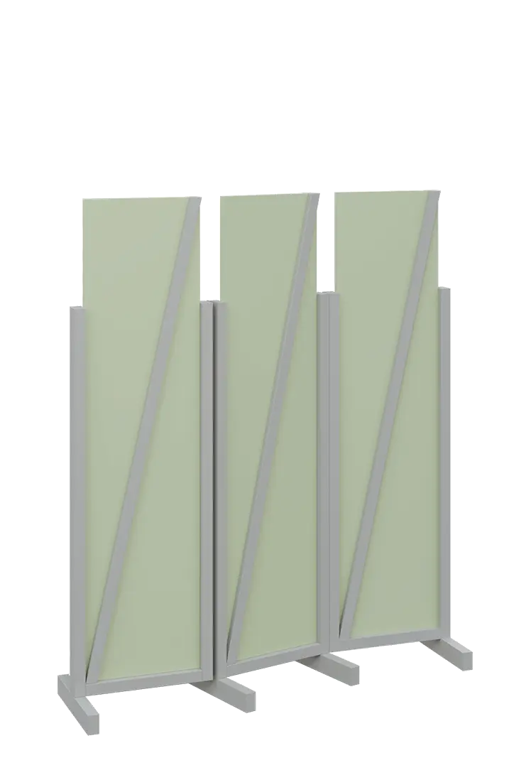 ATMOSFERE LINE 216, dřevěný 3-dílný paraván, mobilní, výška 1600 mm, rám šedá, výplň šedo-zelinkavá