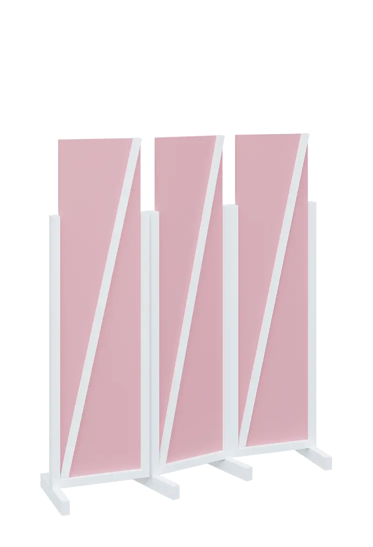 ATMOSFERE LINE 216, dřevěný 3-dílný paraván, mobilní, výška 1600 mm, rám bílá, výplň pastelově růžová
