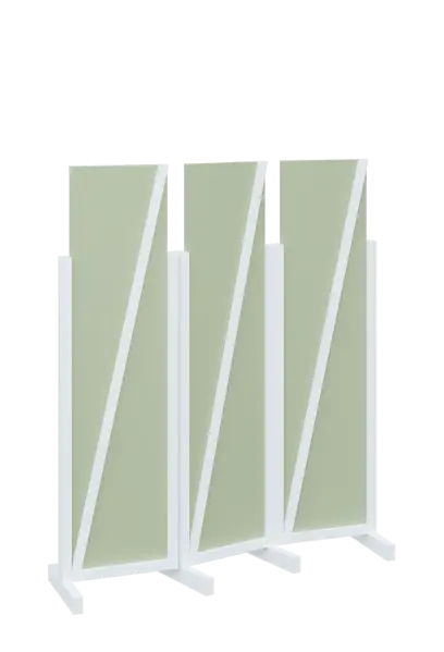 ATMOSFERE LINE 216, dřevěný 3-dílný paraván, mobilní, výška 1600 mm, rám bílá, výplň šedo-zelinkavá