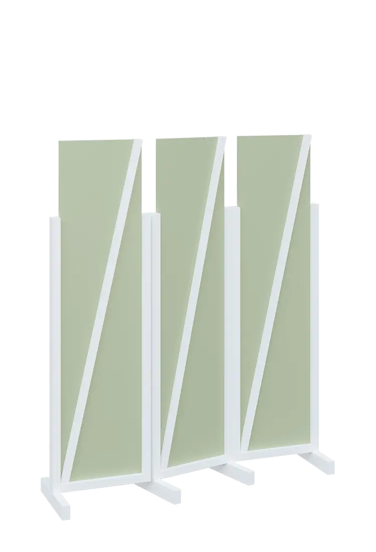 ATMOSFERE LINE 216, dřevěný 3-dílný paraván, mobilní, výška 1600 mm, rám bílá, výplň šedo-zelinkavá