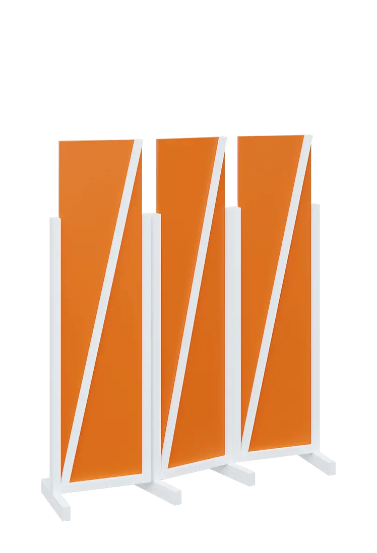 ATMOSFERE LINE 216, dřevěný 3-dílný paraván, mobilní, výška 1600 mm, rám bílá, výplň pomeranč
