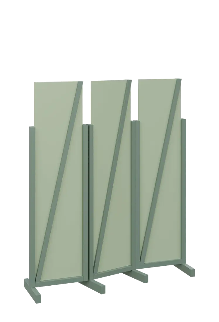 ATMOSFERE LINE 216, dřevěný 3-dílný paraván, mobilní, výška 1600 mm, rám industrial green, výplň pistáciově zelená