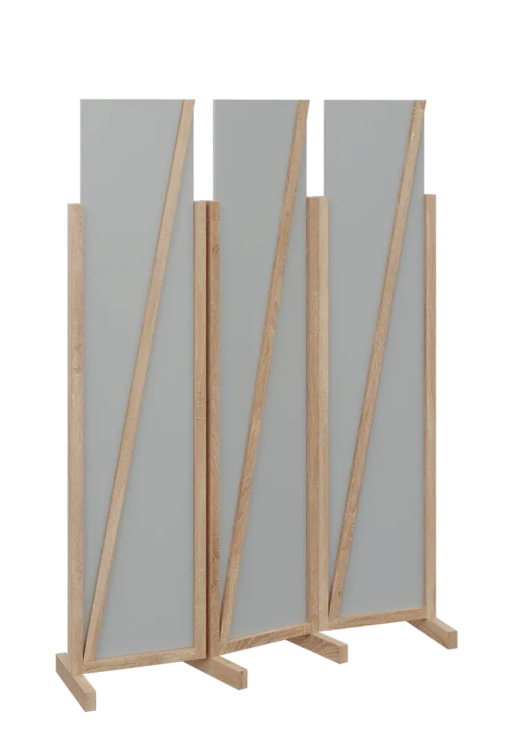 ATMOSFERE LINE 219, dřevěný 3-dílný paraván, mobilní, výška 1900 mm, rám dub bardolino, výplň šedá