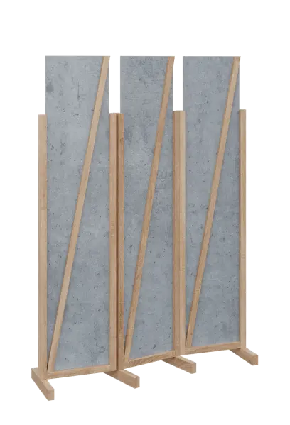 ATMOSFERE LINE 219, dřevěný 3-dílný paraván, mobilní, výška 1900 mm, rám dub bardolino, výplň beton šedý
