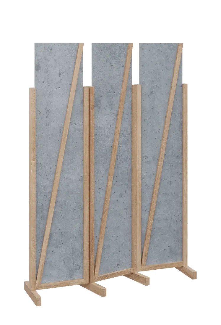 ATMOSFERE LINE 219, dřevěný 3-dílný paraván, mobilní, výška 1900 mm, rám dub bardolino, výplň beton šedý