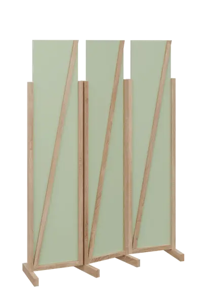 ATMOSFERE LINE 219, dřevěný 3-dílný paraván, mobilní, výška 1900 mm, rám dub bardolino, výplň šedo-zelinkavá