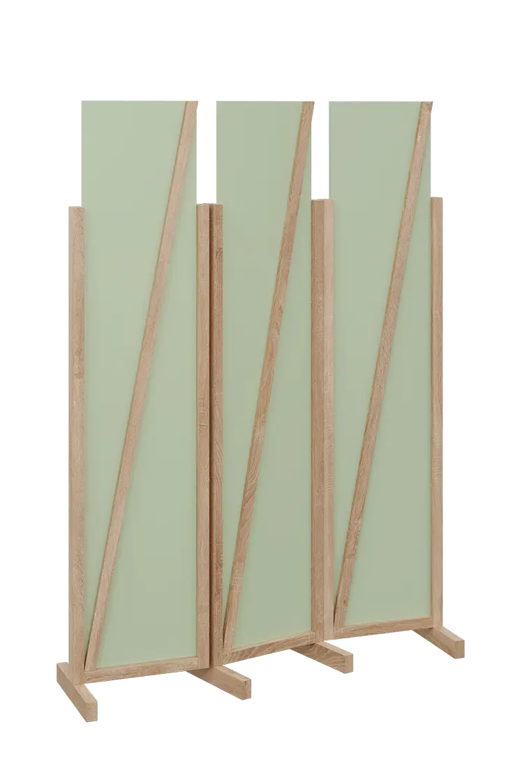 ATMOSFERE LINE 219, dřevěný 3-dílný paraván, mobilní, výška 1900 mm, rám dub bardolino, výplň šedo-zelinkavá